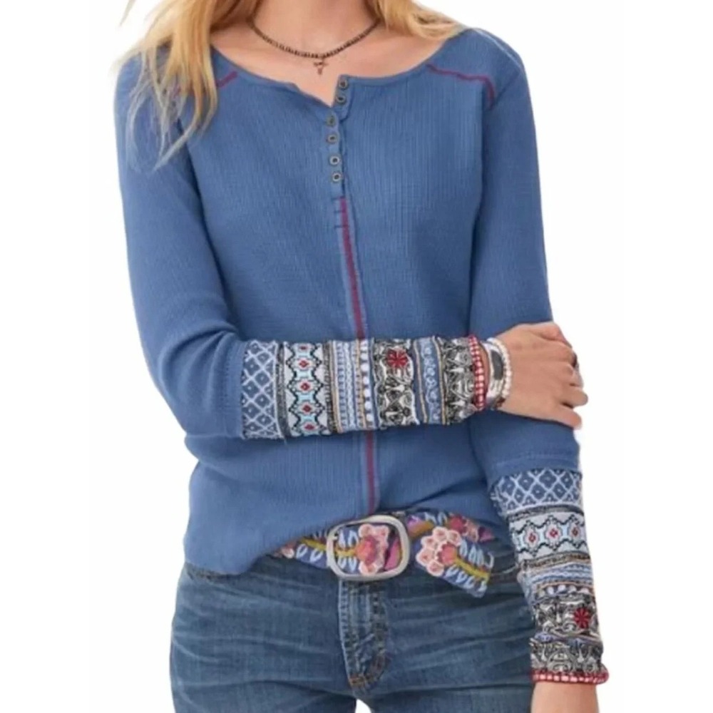 Sundance Shirt Caitlin Embroidered Beaded Cuff Henley Thermal